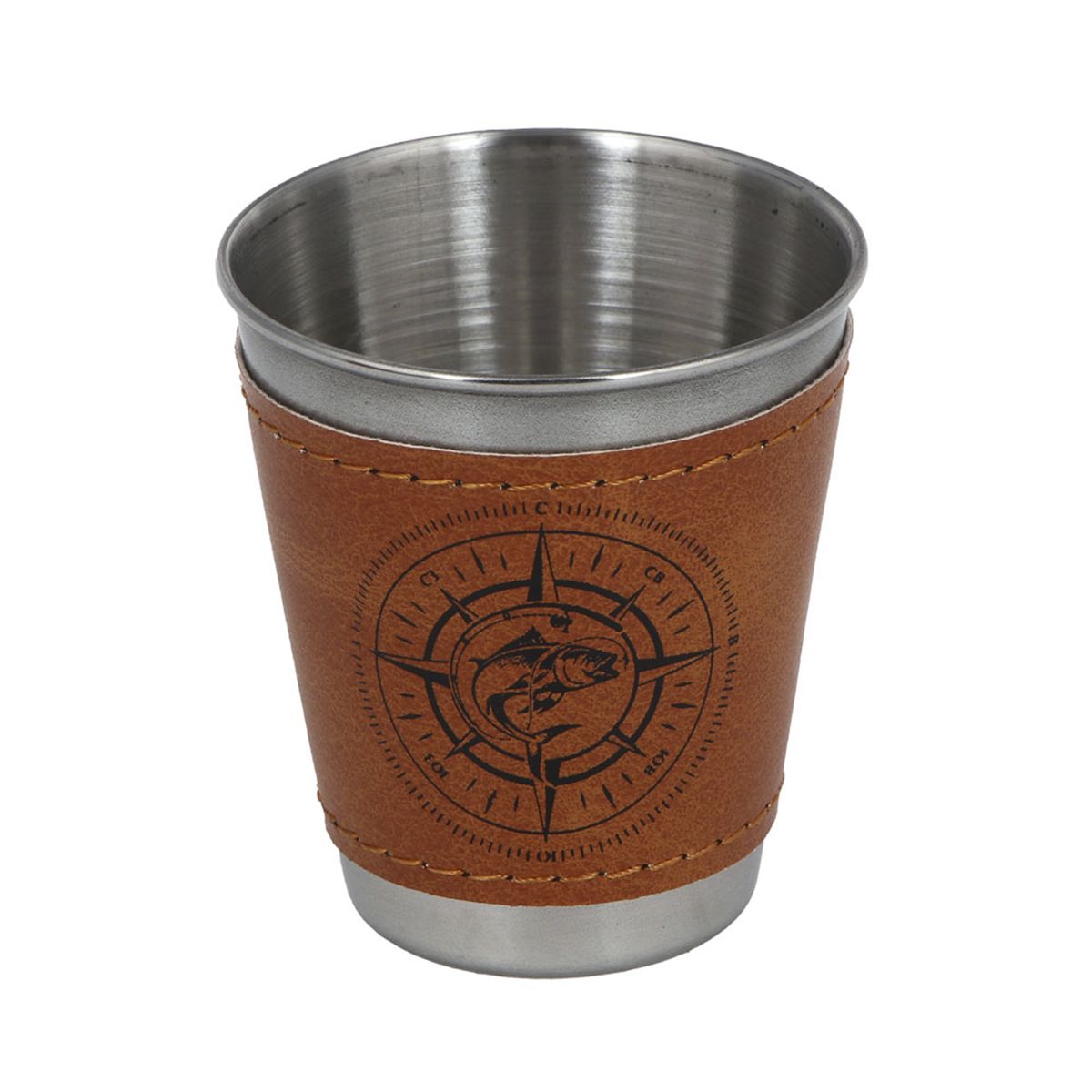 Детальная фотография — Стопки Azor Fishing 75мл в чехле и кожаном оплете, нержавейка (4шт)