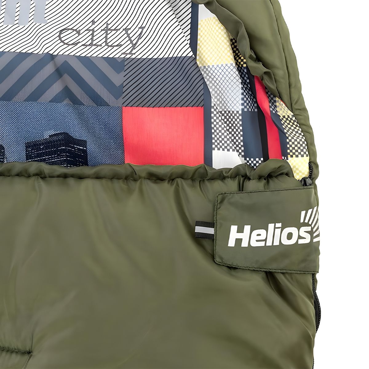 Детальная фотография — Спальный мешок Helios Olympus Wide Plus 300 106х220см (-6°C) (левый) зеленый/город (T-HS-SB-OWP-300-NC)