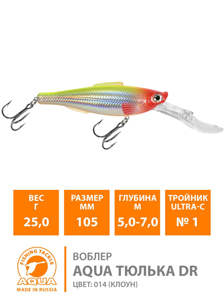 Детальная фотография — Воблер Aqua Тюлька DR плавающий 105мм 25гр 5-7м цвет цвет 014 (клоун)
