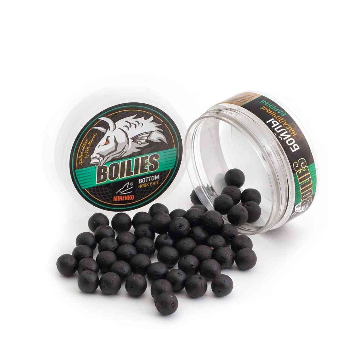 Детальная фотография — Бойлы Minenko 100гр 14мм насадочные, вареные, Палтус, в банке