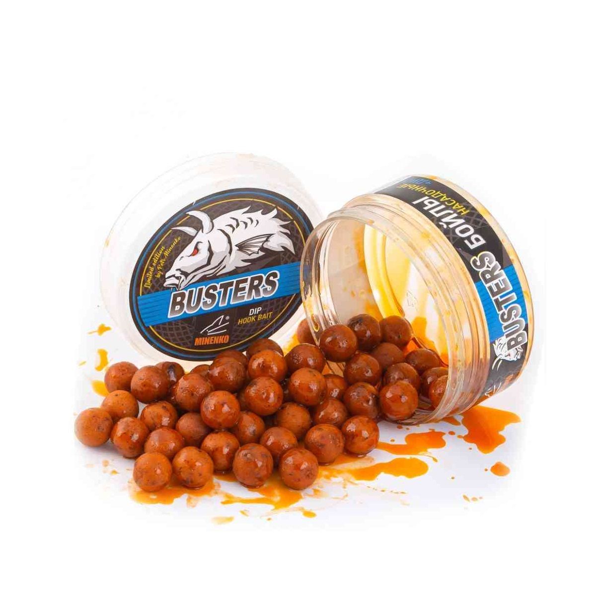 Детальная фотография — Бойлы Minenko Busters 165гр 14мм насадочные, вареные, в дипе, Оранжевая Слива, в банке