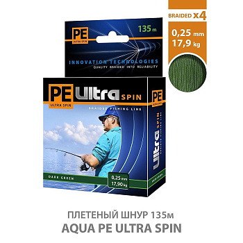 Шнур Aqua PE Ultra Spin 135м 0,25мм 17,9кг темно-зеленый